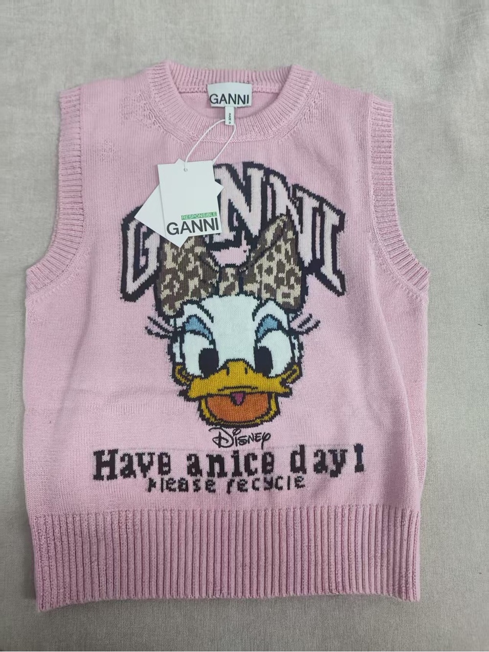 Ganni Pink Daisy Duck Intarsia Knit Vest